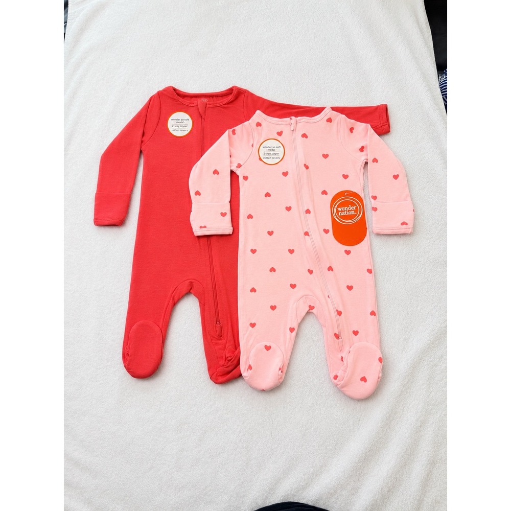 Wonder Nation Newborn 2 Pack Modal Sleepers Red Pink Hearts 2-Way Zip NWT